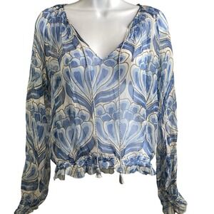 Kulson Women's Blue Modern Floral Print Peasant Boho Top Est.‎ Size M Artsy
